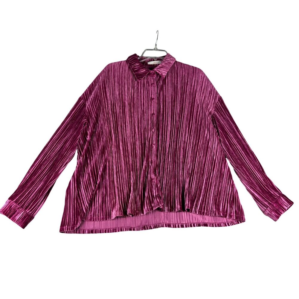 Ces Femme Top Women's Medium Purple Velvet Button Front Long Sleeve Shirt Tunic